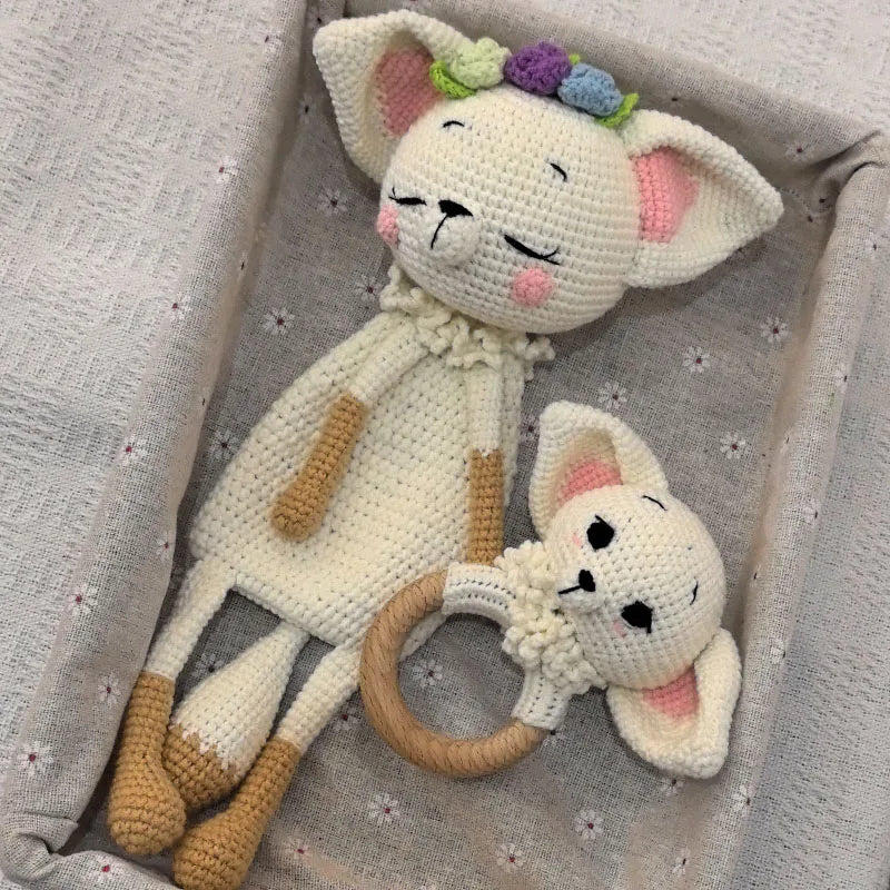 Baby Security Blanket Towel Feeding Bib Soft Towel Cotton Burping Cloth Infant Shower Gift Knitted Lovely Animal Fox Rattle