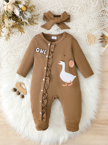 Baby Birthday Romper Set: Brown Waffle Fabric with Goose Print and Matching Headband